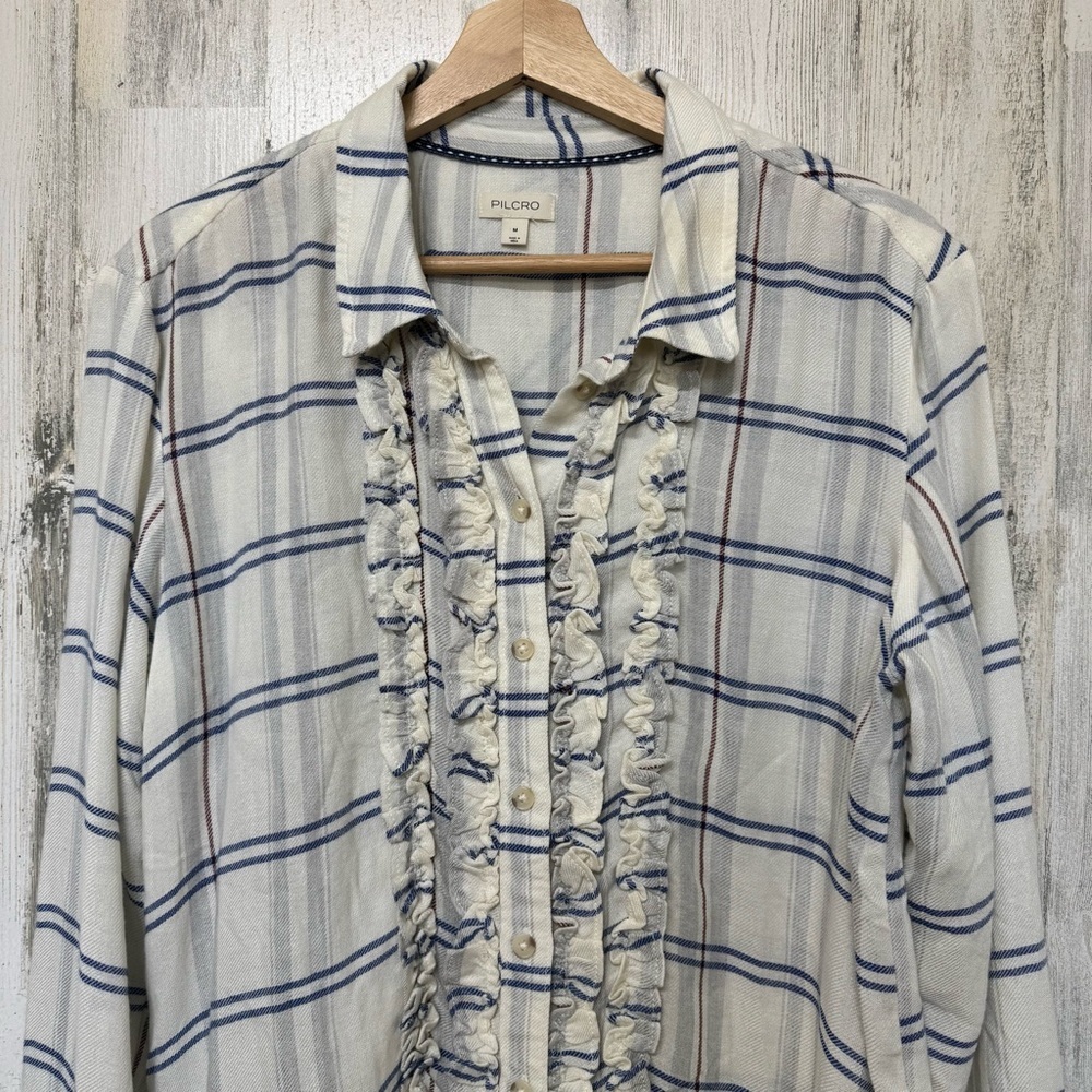 Anthropologie Pilcro Cream Blue Plaid Ruffle Front Button Down Shirt Size M - Picture 3 of 10